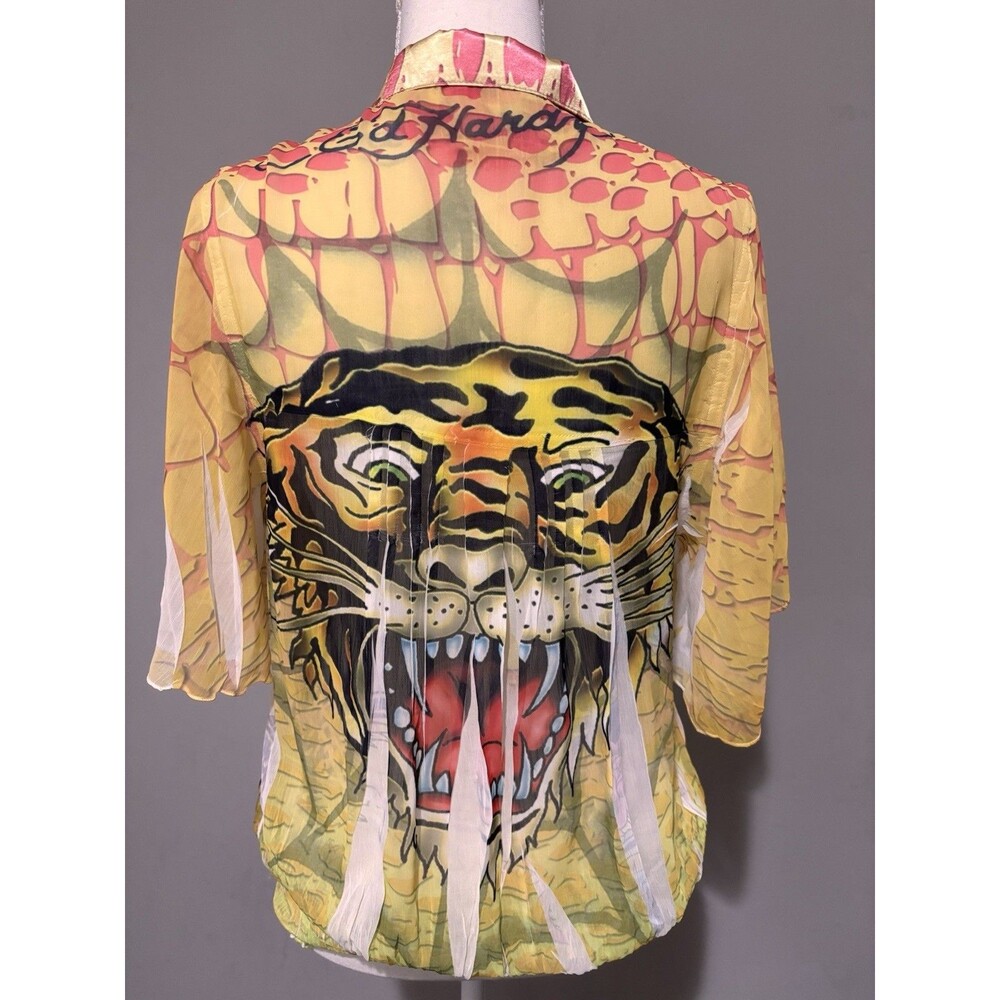 Ed Hardy Sz Large Bold Sheer Lightweight Pleated Blouse, Fish, Eagle, Tiger